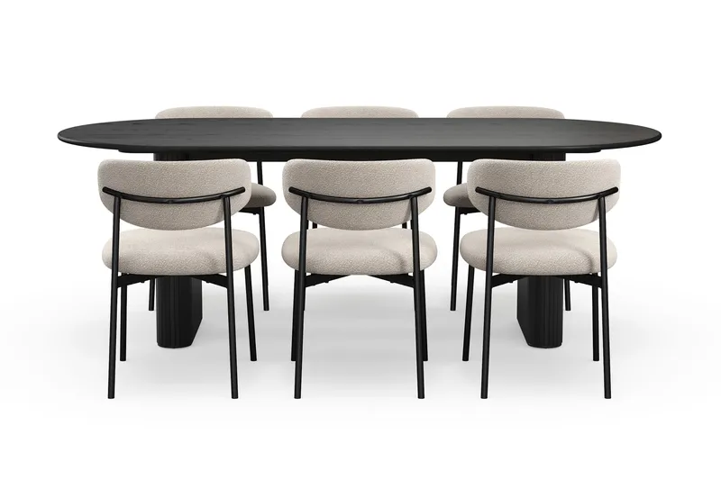 Noira Ovalt Spisebord 220 cm med 6 Lucy Spisestoler - Svart / Greige Bouclé / Metallben Svart - Møbler - Bord - Spisegruppe