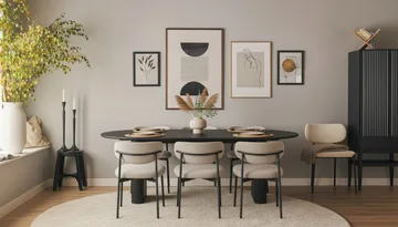 Noira Ovalt Spisebord 220 cm med 6 Lucy Spisestoler - Svart / Greige Bouclé / Metallben Svart - Møbler - Bord - Spisegruppe