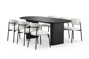 Noira Ovalt Spisebord 220 cm med 6 Lucy Spisestoler - Svart / Hvit Bouclé / Metallben Svart - Møbler - Bord - Spisegruppe