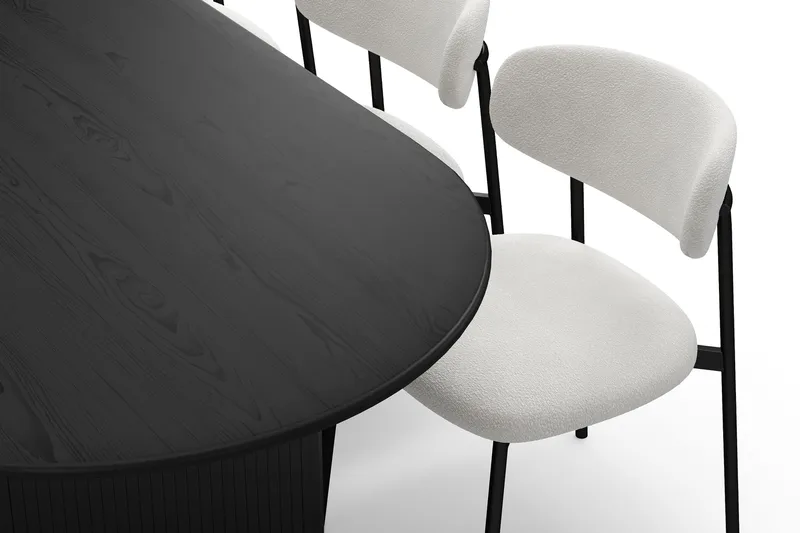 Noira Ovalt Spisebord 220 cm med 6 Lucy Spisestoler - Svart / Hvit Bouclé / Metallben Svart - Møbler - Bord - Spisegruppe