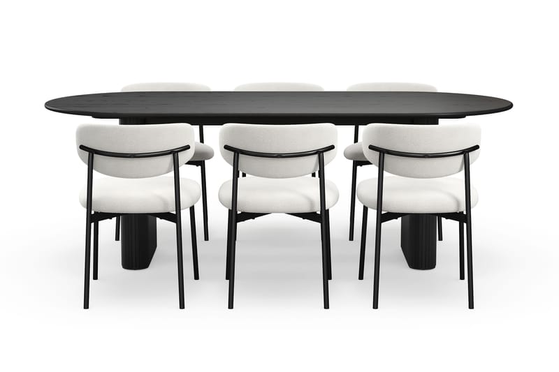 Noira Ovalt Spisebord 220 cm med 6 Lucy Spisestoler - Svart / Hvit Bouclé / Metallben Svart - Møbler - Bord - Spisegruppe