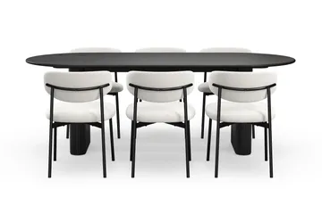 Noira Ovalt Spisebord 220 cm med 6 Lucy Spisestoler - Svart / Hvit Bouclé / Metallben Svart - Møbler - Bord - Spisegruppe