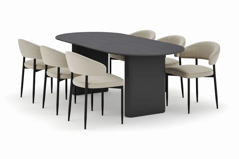 Noira Ovalt Spisebord 220 cm med 6 Sawako Stoler, Svart