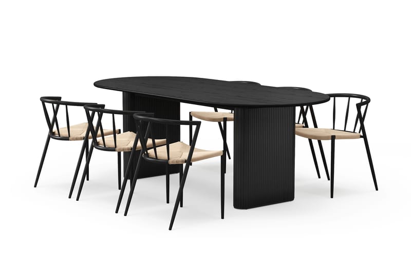Noira Ovalt Spisebord 220 cm med 6 Winston Spisestoler, Svart / Beige / Metallben Svart