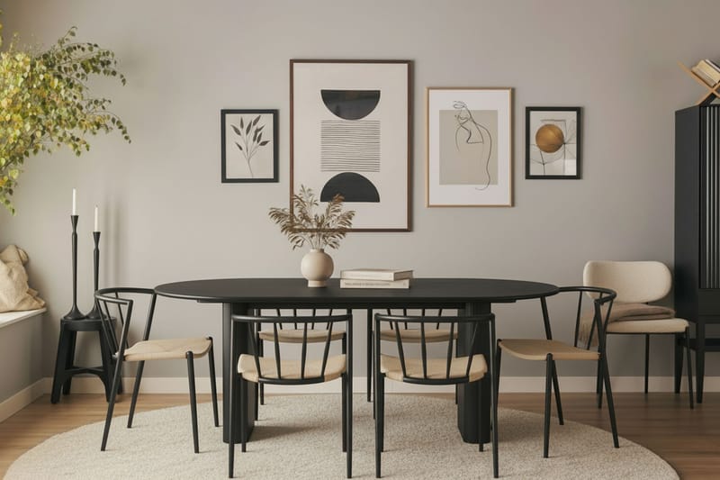 Noira Ovalt Spisebord 220 cm med 6 Winston Spisestoler - Svart / Beige / Metallben Svart - Møbler - Bord - Spisegruppe