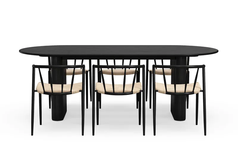 Noira Ovalt Spisebord 220 cm med 6 Winston Spisestoler - Svart / Beige / Metallben Svart - Møbler - Bord - Spisegruppe