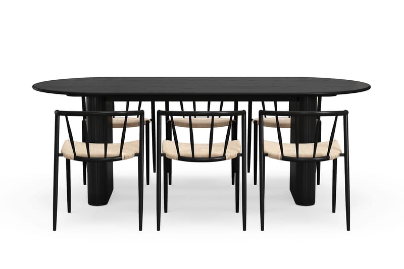 Noira Ovalt Spisebord 220 cm med 6 Winston Spisestoler - Svart / Beige / Metallben Svart - Møbler - Bord - Spisegruppe