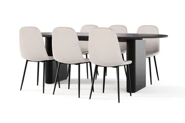 Noira Ovalt Spisebord 220 cm Svart + 6 Nibe stol beige med svarte ben - Svart/Beige - Møbler - Bord - Spisegruppe