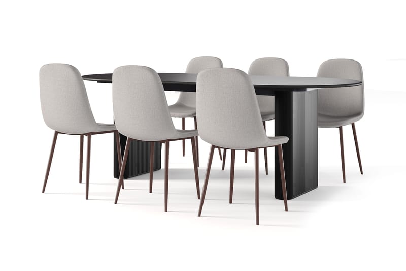 Noira Ovalt Spisebord 220 cm Svart + 6 Nibe stol beige med valnøttben, Svart/Beige