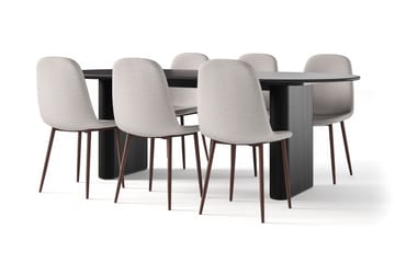 Noira Ovalt Spisebord 220 cm Svart + 6 Nibe stol grå med valnøttben - Svart/Grå - Møbler - Bord - Spisegruppe