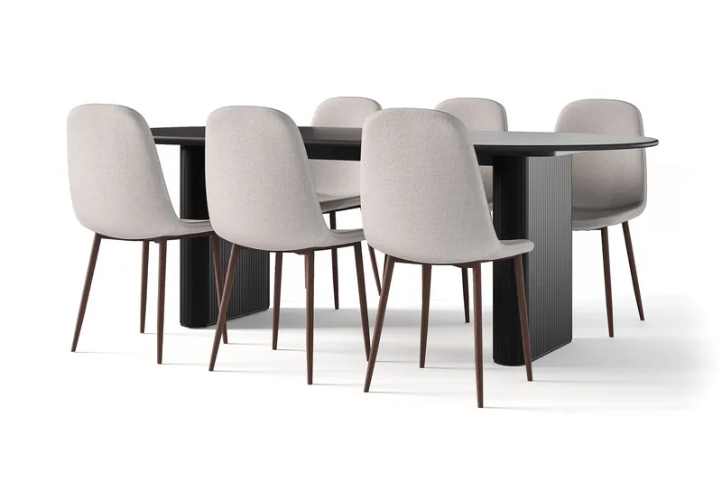 Noira Ovalt Spisebord 220 cm Svart + 6 Nibe stol grå med valnøttben, Svart/Grå