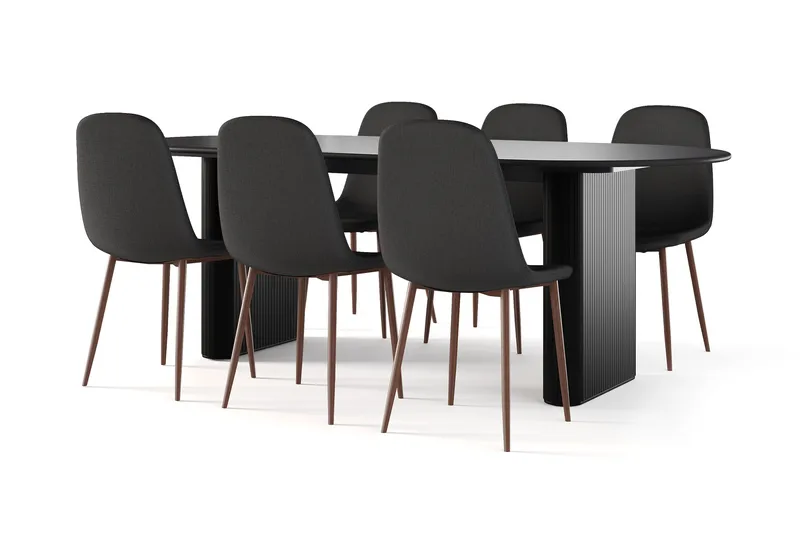 Noira Ovalt Spisebord 220 cm Svart + 6 Nibe stol svart med valnøttben, Svart