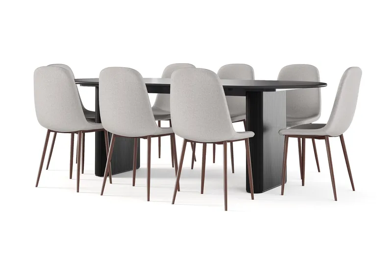 Noira Ovalt Spisebord 220 cm Svart + 8 Nibe stol beige med valnøttben, Svart/Beige