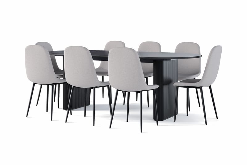 Noira Ovalt Spisebord 220 cm Svart + 8 Nibe stol grå med svarte ben, Svart/Grå