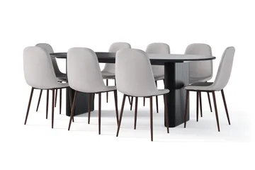 Noira Ovalt Spisebord 220 cm Svart + 8 Nibe stol grå med valnøttben - Svart/Grå - Møbler - Bord - Spisegruppe