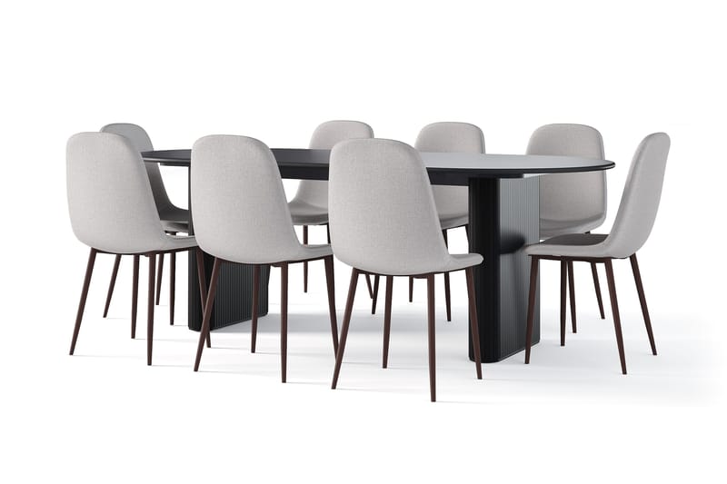 Noira Ovalt Spisebord 220 cm Svart + 8 Nibe stol grå med valnøttben, Svart/Grå