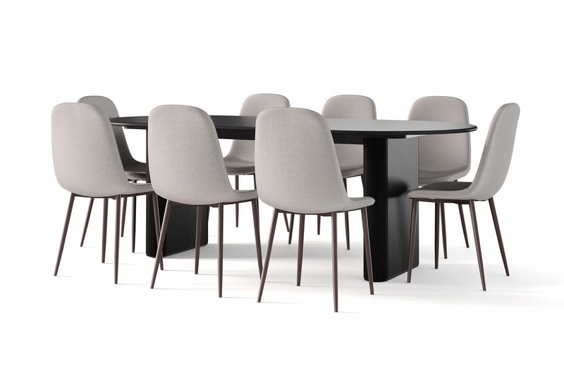 Noira Ovalt Spisebord 220 cm Svart + 8 Nibe stol grå med valnøttben - Svart/Grå - Møbler - Bord - Spisegruppe