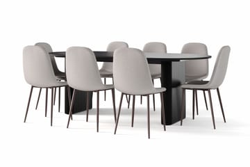 Noira Ovalt Spisebord 220 cm Svart + 8 Nibe stol grå med valnøttben - Svart/Grå - Møbler - Bord - Spisegruppe