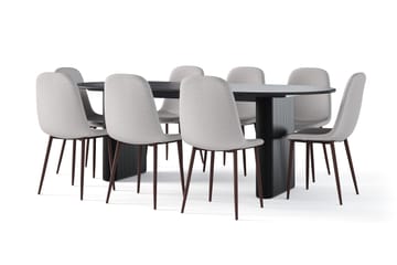 Noira Ovalt Spisebord 220 cm Svart + 8 Nibe stol grå med valnøttben - Svart/Grå - Møbler - Bord - Spisegruppe