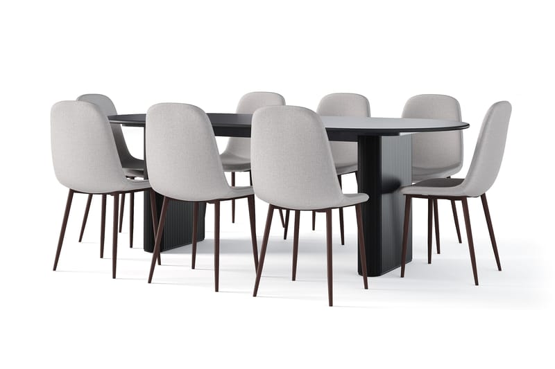 Noira Ovalt Spisebord 220 cm Svart + 8 Nibe stol grå med valnøttben, Svart/Grå