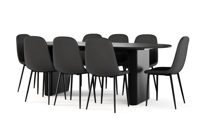 Noira Ovalt Spisebord 220 cm Svart + 8 Nibe stol svart med svarte ben, Svart