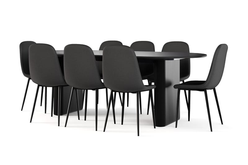 Noira Ovalt Spisebord 220 cm Svart + 8 Nibe stol svart med svarte ben, Svart