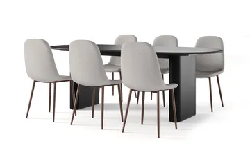 Noira Ovalt Spisebord 220 cm Svart + 6 Nibe stol beige med valnøttben - Svart/Beige - Møbler - Bord - Spisegruppe