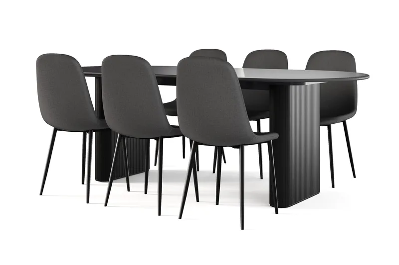 Noira Ovalt Spisebord 220 cm Svart + 6 Nibe stol svart med svarte ben, Svart