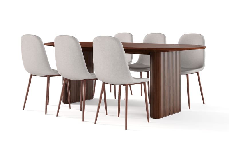 Noira Ovalt Spisebord 220 cm Valnøtt + 6 Nibe stol beige med valnøttben, Brun/Beige