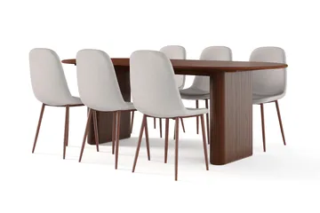 Noira Ovalt Spisebord 220 cm Valnøtt + 6 Nibe stol beige med valnøttben - Brun/Beige - Møbler - Bord - Spisegruppe