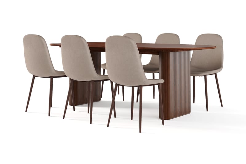 Noira Ovalt Spisebord 220 cm Valnøtt + 6 Nibe stol brun med valnøttben, Brun