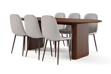 Noira Ovalt Spisebord 220 cm Valnøtt + 6 Nibe stol grå med valnøttben - Brun/Grå - Møbler - Bord - Spisegruppe