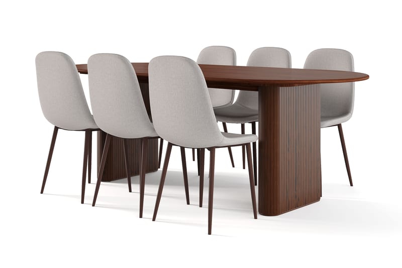 Noira Ovalt Spisebord 220 cm Valnøtt + 6 Nibe stol grå med valnøttben, Brun/Grå