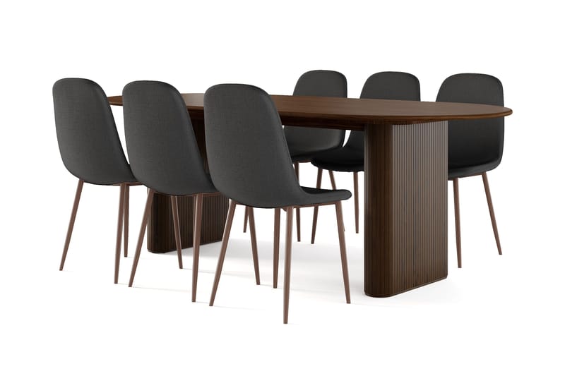 Noira Ovalt Spisebord 220 cm Valnøtt + 6 Nibe stol svart med valnøttben, Brun/Svart