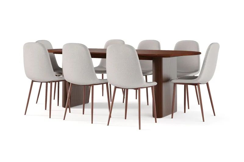Noira Ovalt Spisebord 220 cm Valnøtt + 8 Nibe stol beige med valnøttben, Brun/Beige