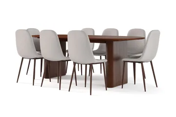 Noira Ovalt Spisebord 220 cm Valnøtt + 8 Nibe stol grå med valnøttben - Brun/Grå - Møbler - Bord - Spisegruppe