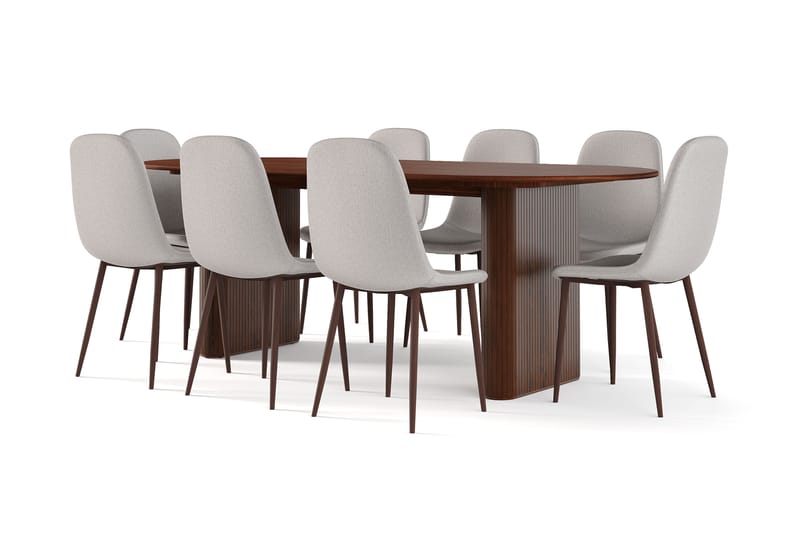 Noira Ovalt Spisebord 220 cm Valnøtt + 8 Nibe stol grå med valnøttben, Brun/Grå