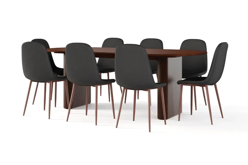 Noira Ovalt Spisebord 220 cm Valnøtt + 8 Nibe stol svart med valnøttben, Brun/Svart