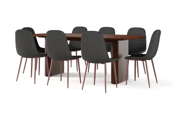 Noira Ovalt Spisebord 220 cm Valnøtt + 8 Nibe stol svart med valnøttben - Brun/Svart - Møbler - Bord - Spisegruppe