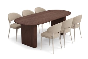 Noira Rektangulær Spisegruppe 220 cm – Spisebord med Valnøttutseende og 6 Polstrede Sawako Spisestoler - Brun|Beige - Møbler - Bord - Spisegruppe