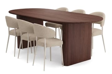 Noira Rektangulær Spisegruppe 220 cm – Spisebord med Valnøttutseende og 6 Polstrede Sawako Spisestoler - Brun|Beige - Møbler - Bord - Spisegruppe