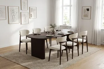 Noira Rektangulær Uttrekkbar Spisegruppe 220-320 cm – Spisebord med 6 Molly Spisestoler i Tre med Røkt Eikeutseende - Mørkebrun - Møbler - Bord - Spisegruppe