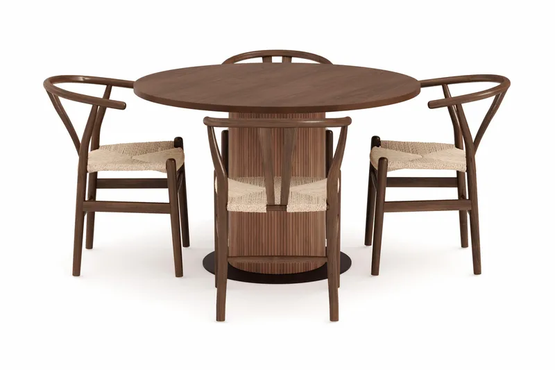 Noira Rund Spisegruppe 120 cm Rundt bord med 4 Dastoori Spisestoler - Brun / Beige / Valnøtt - Møbler - Bord - Spisegruppe