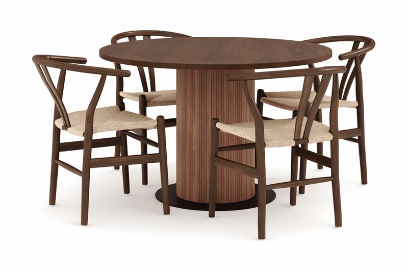Noira Rund Spisegruppe 120 cm Rundt bord med 4 Dastoori Spisestoler, Brun