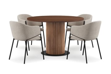 Noira Rundt Lite Spisebord Massiv Valnøtt 120 cm med 4 Filip Spisestoler - Brun / Taupe Bouclé - Møbler - Bord - Spisegruppe