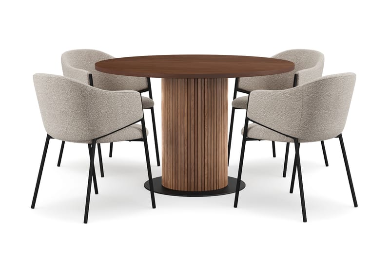 Noira Rundt Lite Spisebord Massiv Valnøtt 120 cm med 4 Filip Spisestoler, Brun / Taupe Bouclé