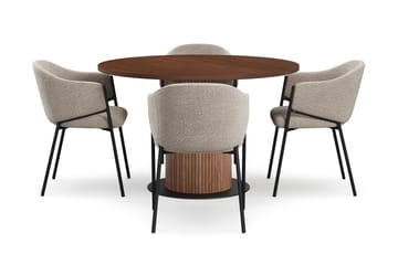 Noira Rundt Lite Spisebord Massiv Valnøtt 120 cm med 4 Filip Spisestoler - Brun / Taupe Bouclé - Møbler - Bord - Spisegruppe