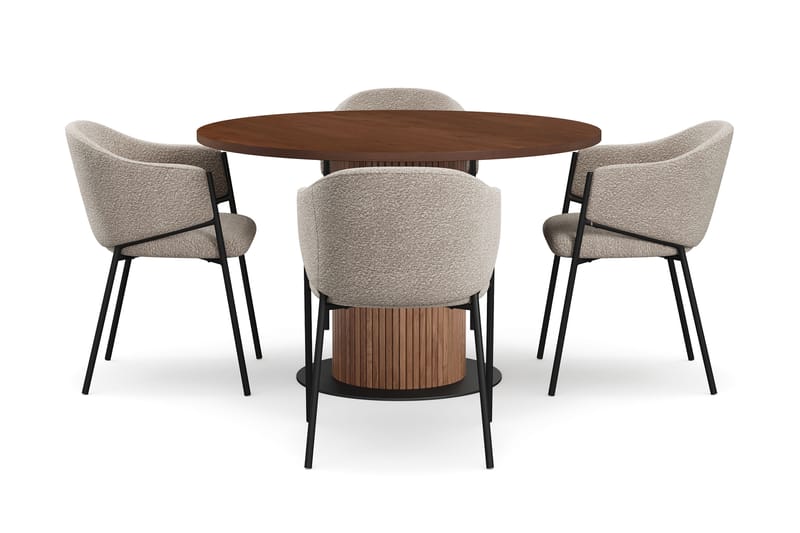 Noira Rundt Lite Spisebord Massiv Valnøtt 120 cm med 4 Filip Spisestoler - Brun / Taupe Bouclé - Møbler - Bord - Spisegruppe