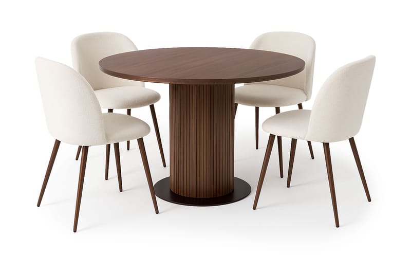 Noira Rundt Lite Spisebord Massiv Valnøtt 120 cm med 4 Greya Spisestoler med armlener, Brun / Hvit Bouclé / Metallben Valnøtt