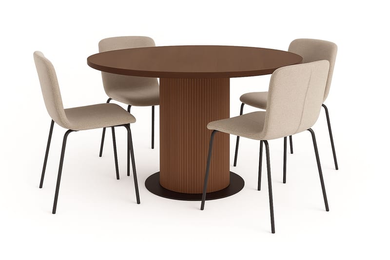 Noira Rundt Lite Spisebord Massiv Valnøtt 120 cm med 4 Katy Spisestoler, Brun / Greige Bouclé / Metallben Svart